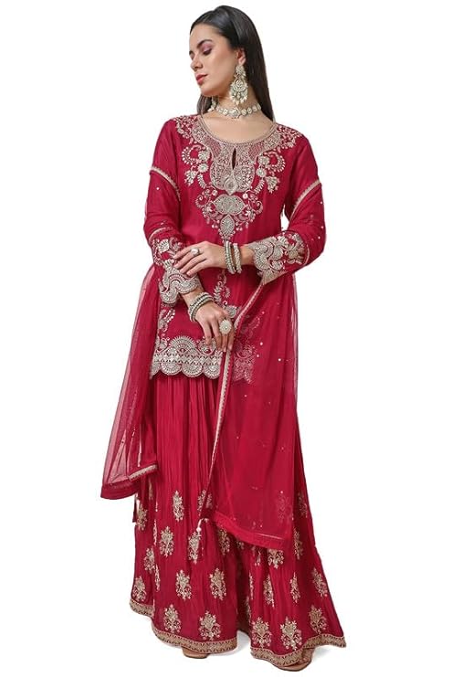 Soch Womens Fuchsia Zari Embroidered Chinon Sharara Set with Dupatta